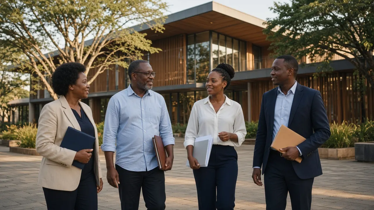 Clinical research professionals outside a modern African research building.